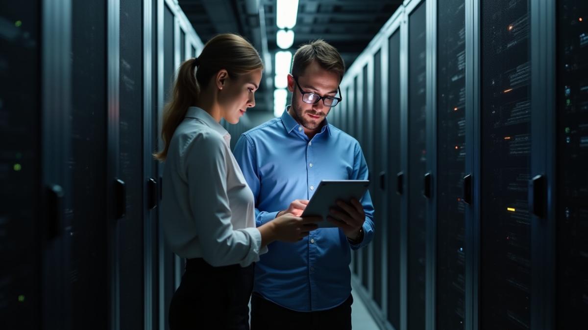 femeie si barbat care se uita pe o tableta