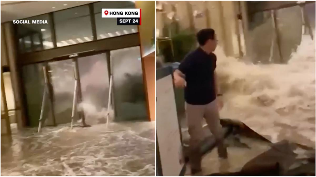 momentul in care peretele unui hotel de lux din hong kong se prabuseste sub forta valurilor uriase provocate de ragasa