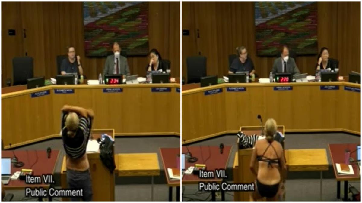 o femeie s a enervat pe noile reguli de la vestiarele din scoli si s a dezbracat pana la bikini in sedinta consiliului scolar