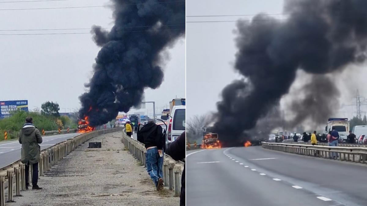 incendiu puternic pe autostrada a1 un tir plin cu parchet a luat foc in mers langa ciorogarla circulatia e oprita pe ambele sensuri