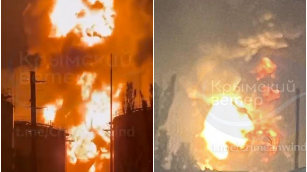 ucrainenii au bombardat cu drone cel mai mare depozit petrolier din crimeea ocupata de rusi explozia a provocat un incendiu urias