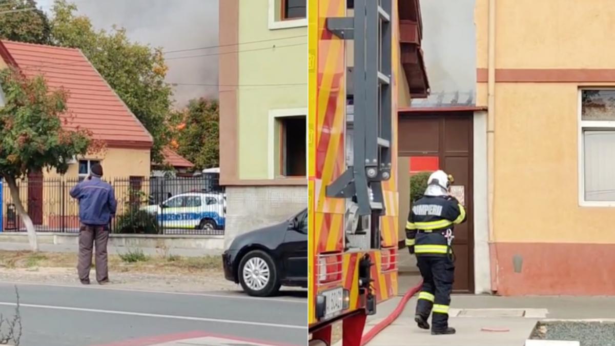incendiu puternic la scoala din lovrin in judetul timis arde acoperisul exista pericol de propagare la o casa invecinata