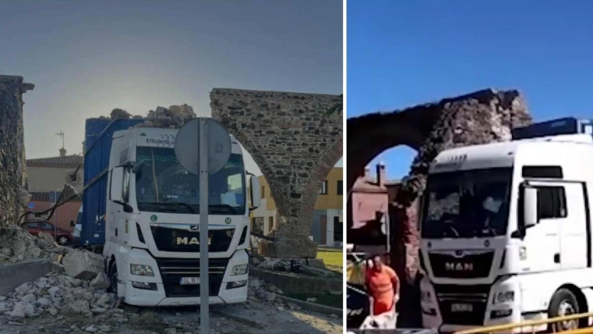 un sofer roman de tir a distrus un apeduct antic din spania a incalcat semnul de trecere interzisa si a fortat intrarea pe sub arcada