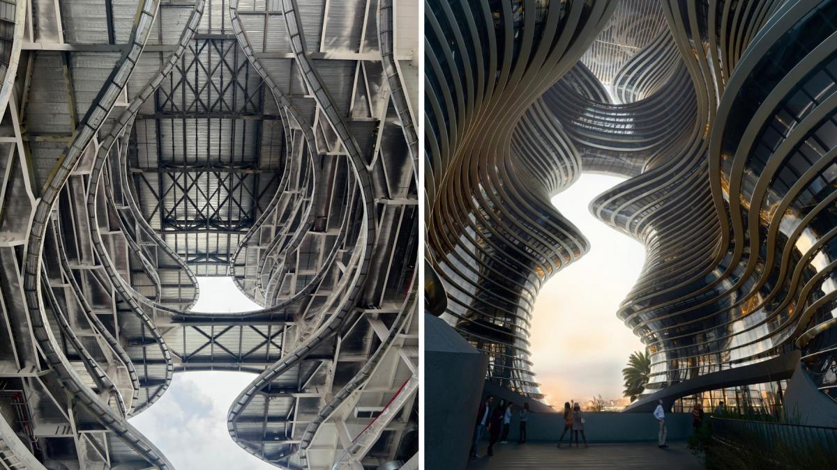 doua turnuri care se unesc in varf inspirate de munti si canioane se construiesc in shenzen cum va arata yidan center