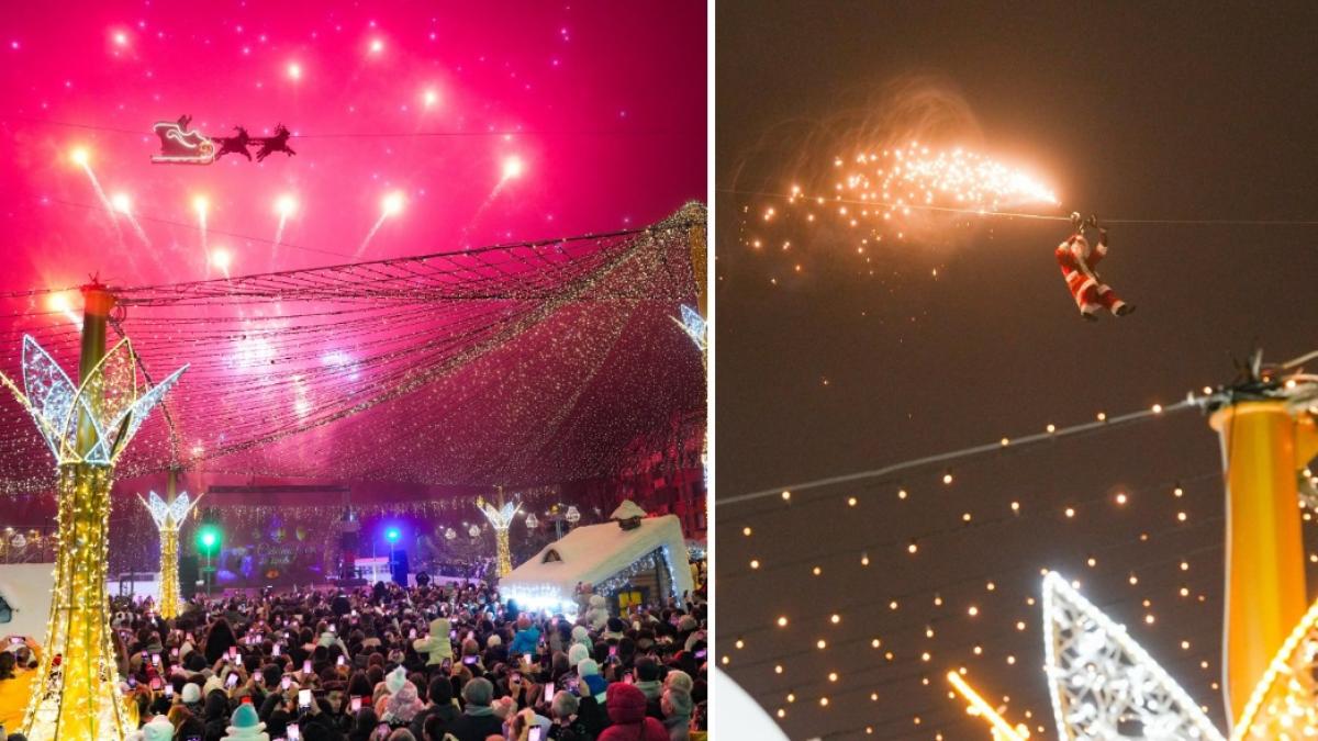 zeci de mii de oameni au participat la deschiderea targului de craciun de la craiova mosul s a dat pe tiroliana spre bucuria tuturor