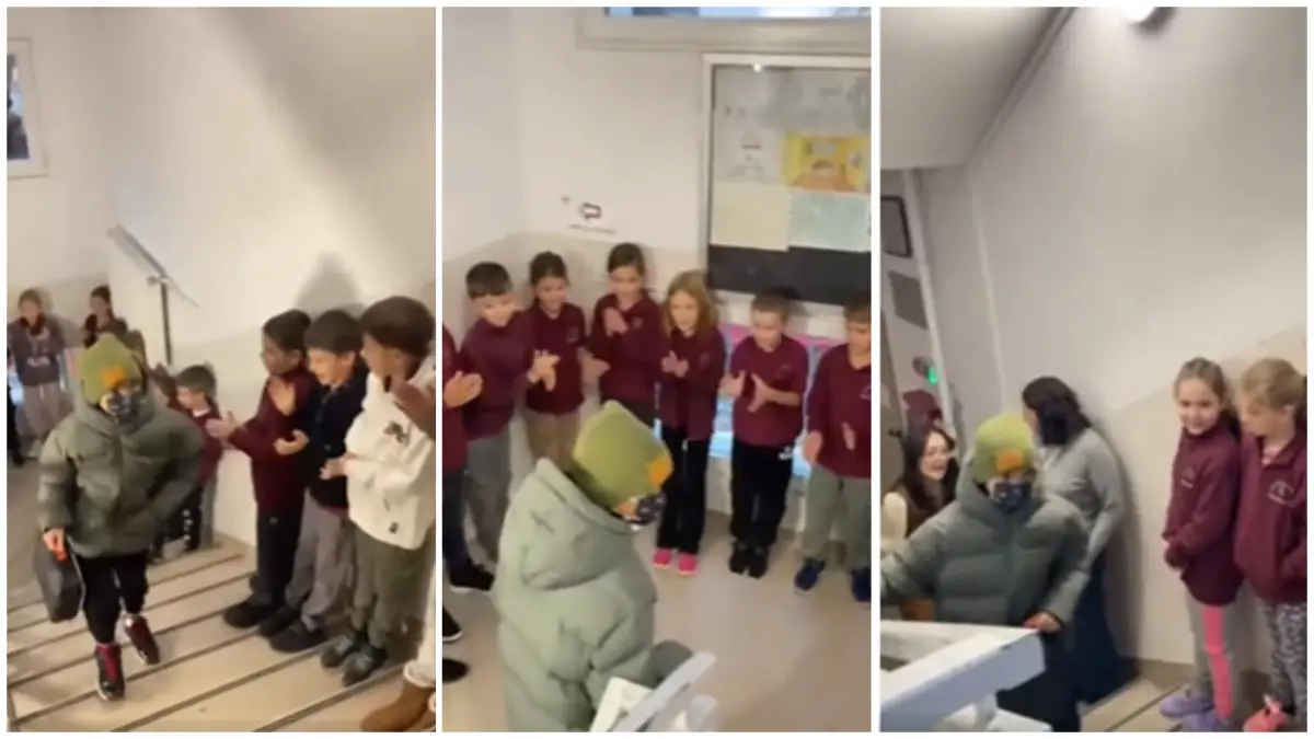 imagini emotionante de la o scoala din cluj napoca copiii si au intampinat colegul care a invins cancerul in aplauze
