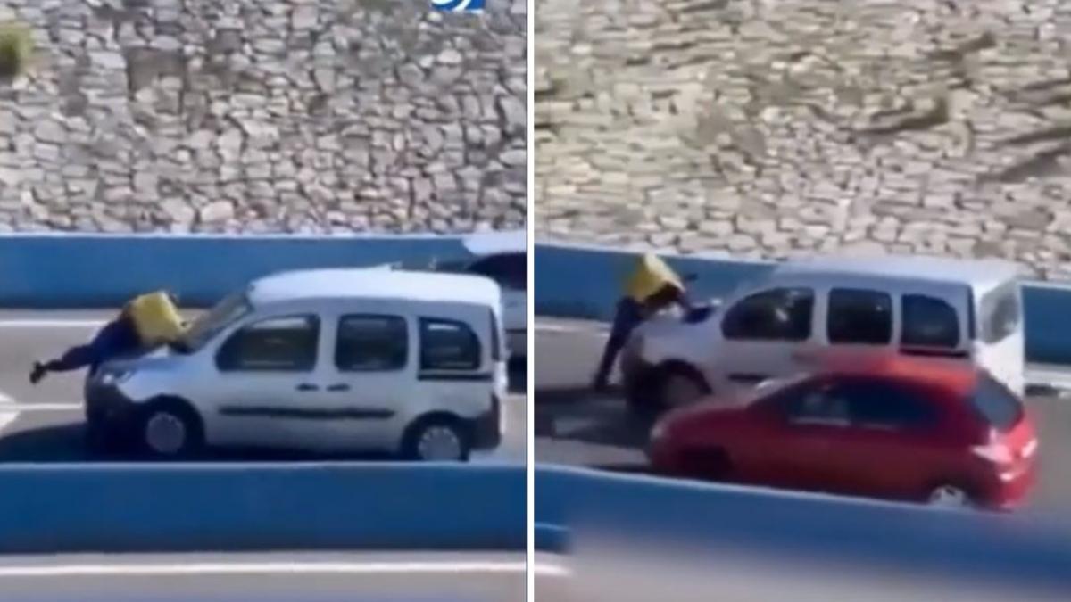 un livrator a fost lovit de un sofer drogat si tarat 3 kilometri pe capota masinii scenele au fost filmate