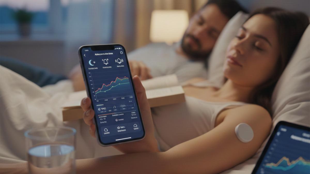  femeie in dormitor folosind aplicatie de monitorizare a glicemiei