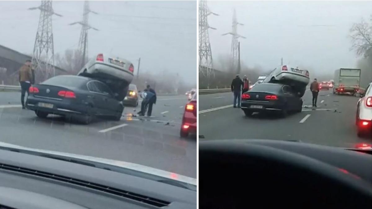 colaj 2 poze de la carambolul cu 4 masini din Galati