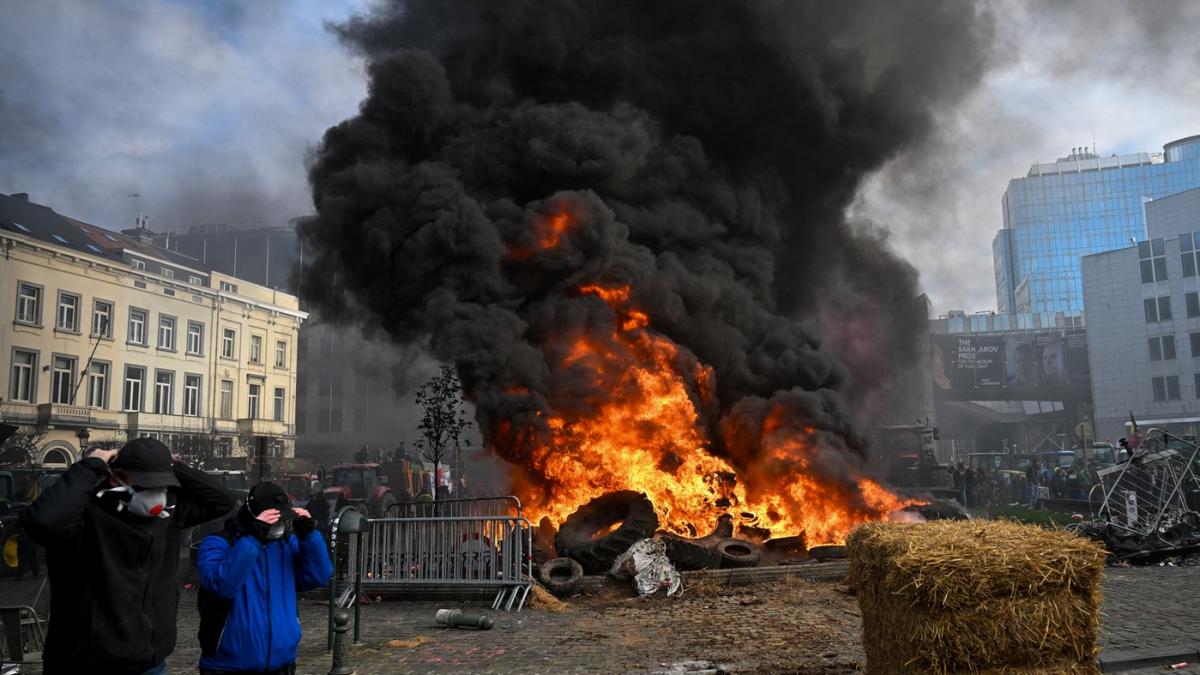 baricade de foc si gaze lacrimogene in bruxelles mii de fermieri au blocat drumurile cu tractoare si au fortat barajele politiei