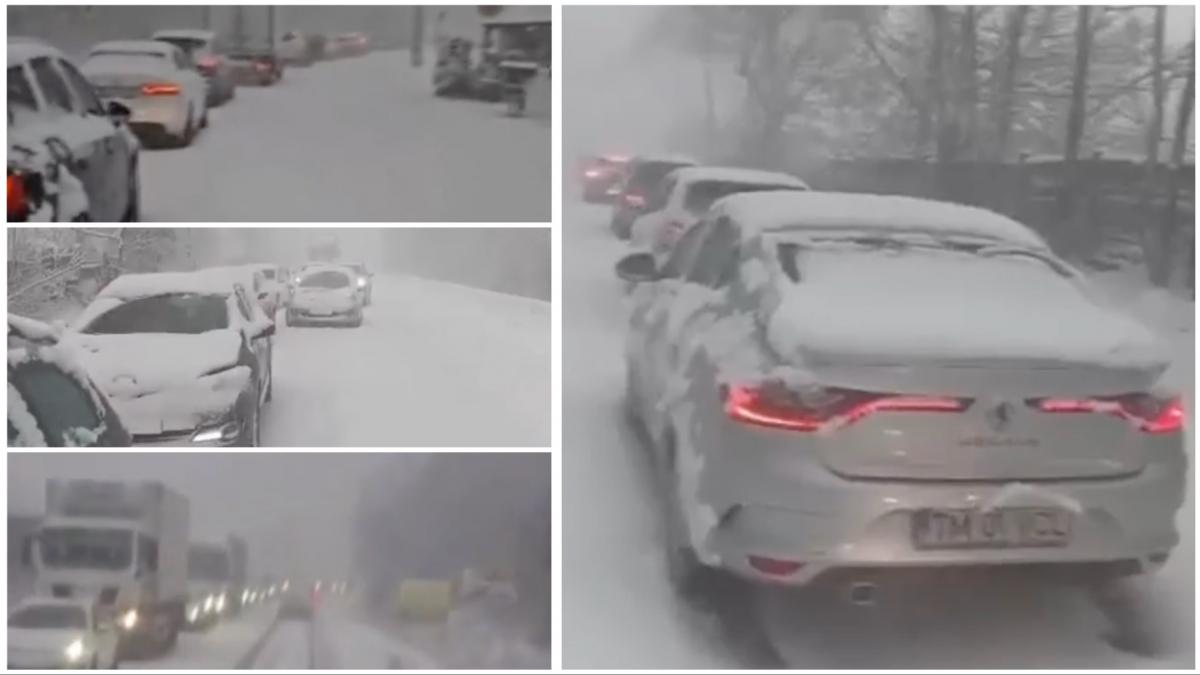 ninge abundent pe valea oltului sunt coloane de masini pe kilometri traficul e blocat pe un sector de drum unde un tir s a defectat