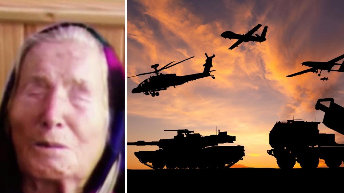 colaj 2 imagini in care apar Baba Vanga si un tanc, un elicopter si avioane de lupta