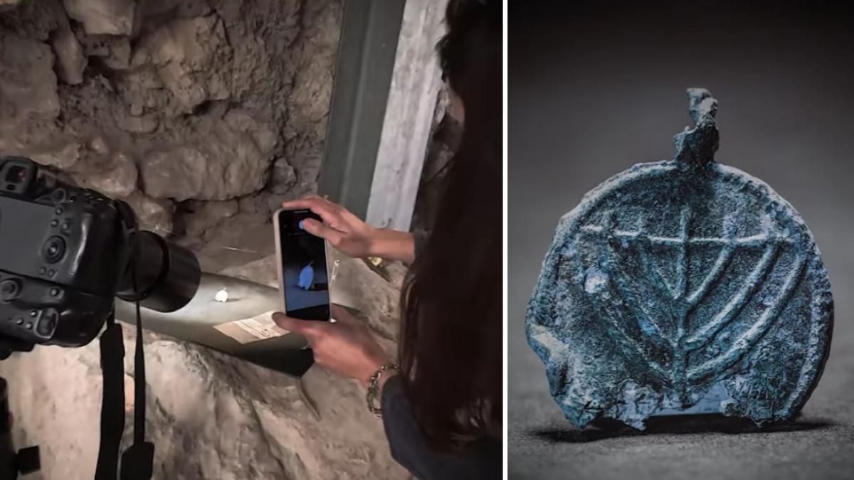 este o descoperire extrem de rara un pandantiv vechi de 1 300 de ani din plumb si gravat cu o menora a fost gasit la ierusalim