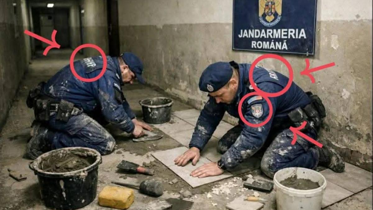 imagini false cu jandarmi romani care pun gresie raspandite pe internet au pe uniforma inscriptii in alfabet chirilic