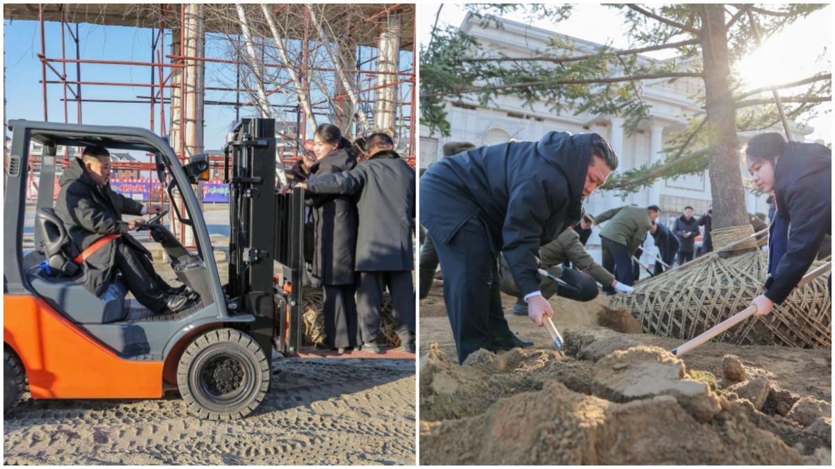 imagini amuzante cu kim jong un care si plimba fiica si consilierii cu motostivuitorul apoi a pus mana pe lopata ca sa planteze copaci
