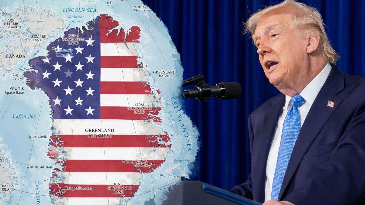 Donald Trump si harta groenlandei colorata in culorile steagului SUA