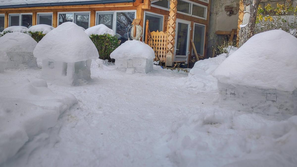 Radu Fachin, sculptor din Deva, și-a construit în curte un „cartier” de căsuțe tradiționale din zăpadă. Cum arată creațiile de iarnă