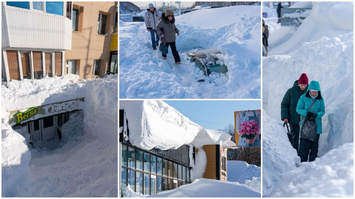 oamenii au iesit din case pe geam si au mers pe masinile ingropate in zapada ninsori cum nu s au mai vazut din 1970 in kamceatka
