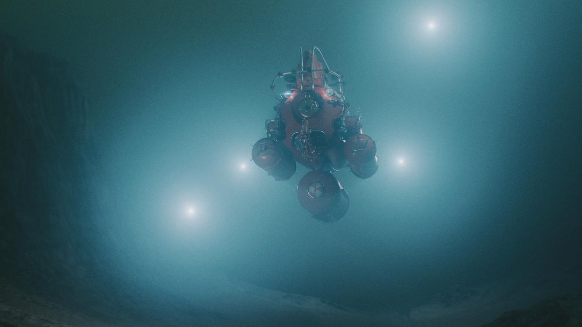 poza in care apare un submarin sau un RV în adâncurile unui ocean