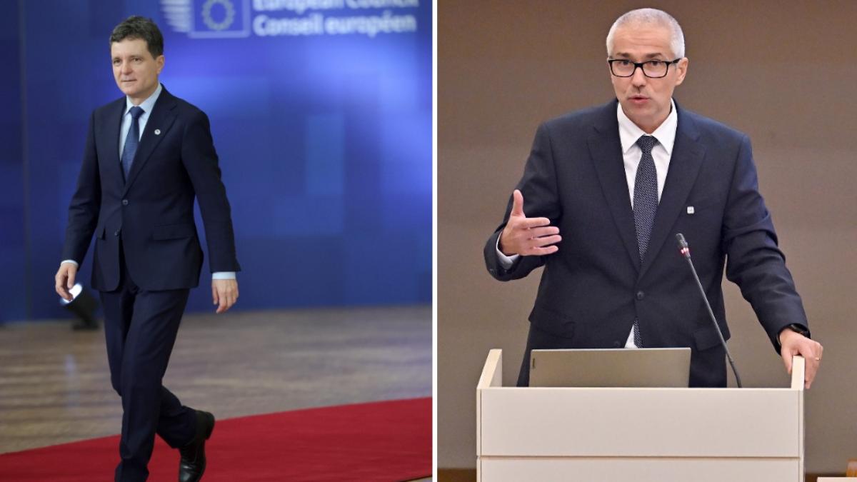 colaj 2 poze in care apar Nicuşor Dan, preşedintele României şi Radu Marinescu, ministrul Justiţiei