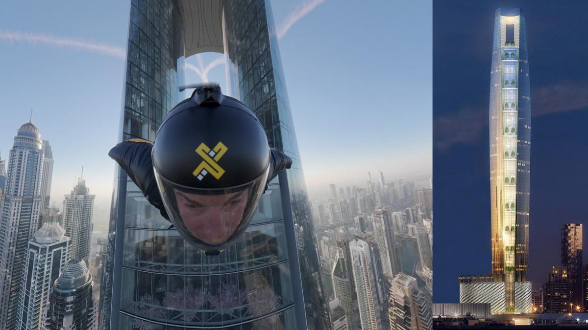 cinci parasutisti zboara prin cel mai inalt hotel din lume cu viteze de peste 200 km h momentul e surprins in imagini extraordinare