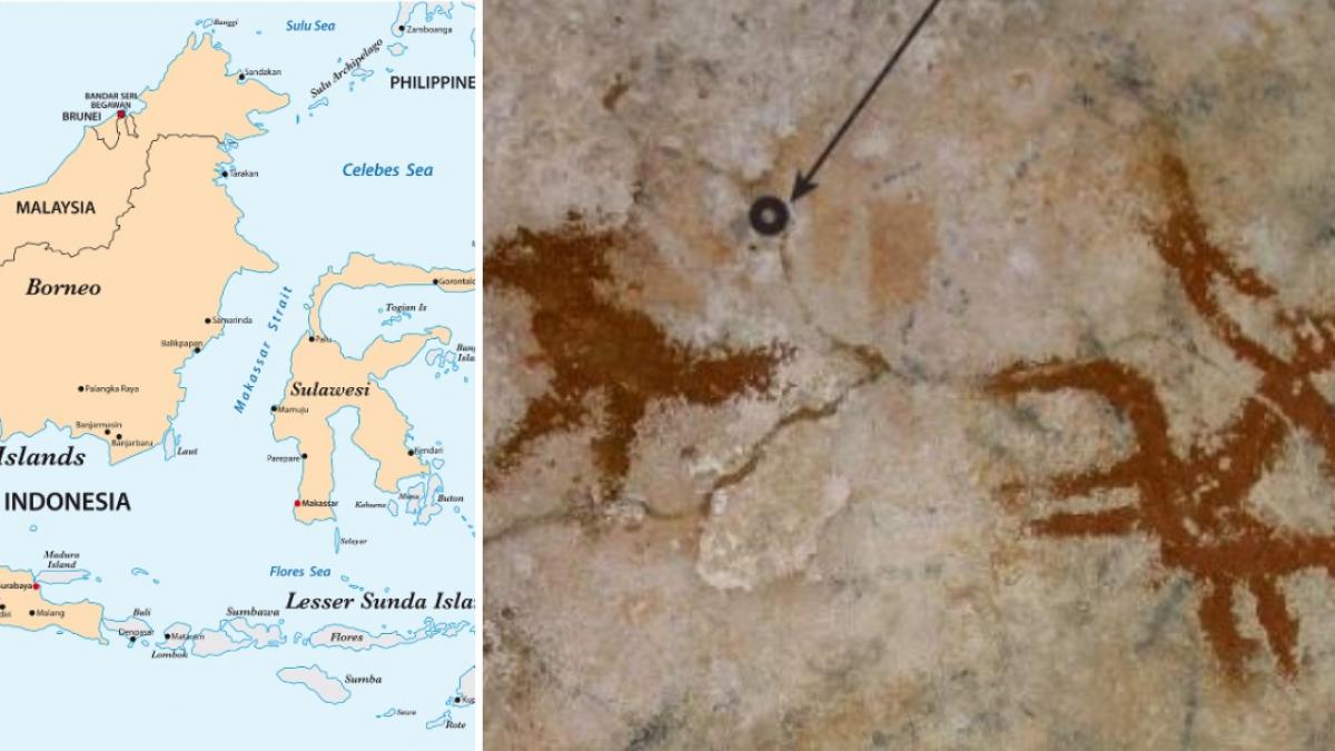 colaj 2 poze in care apare o harta in care se vede insula Sulawesi, dar si contururile de palme din acea pestera, despre care cercetatorii au spus ca au o vechime de cel puţin 67.800 de ani