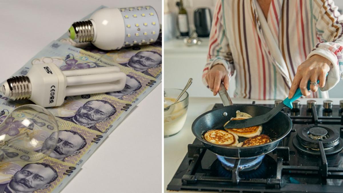 colaj in care apar 2 imagini cu bancnote de 100 de lei si becuri diferite, dar si o femeie care gateste clătite pe un aragaz 