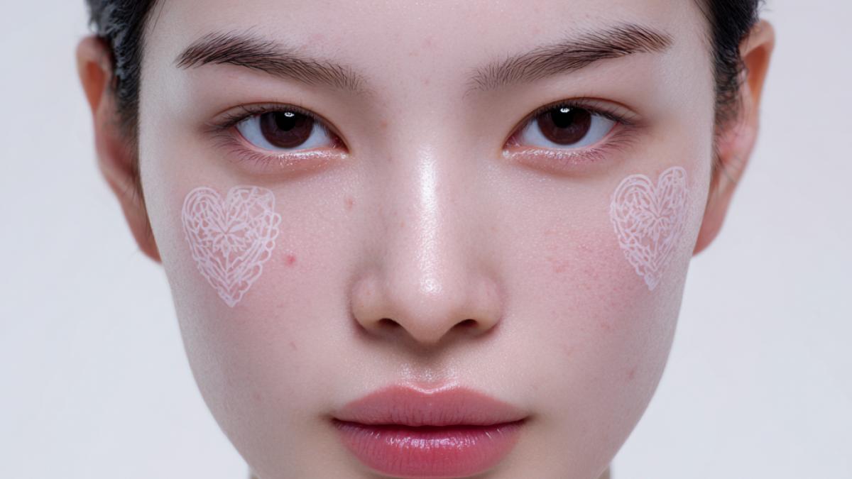 femeie cu ten luminos si doua inimi pe oraji din crema