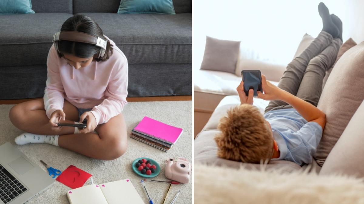 colaj 2 poze in care apar o fata si un baiat care folosesc telefoane mobile