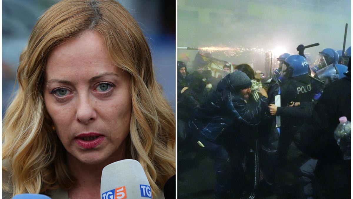 Giorgia Meloni (stanga) protest violent in milano (dreapta)