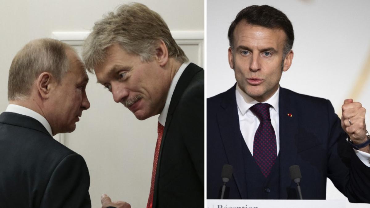 colaj 2 poze in care apar Vladimir Putin, liderul Rusiei, alături de Dmitri Peskov, purtătorul de cuvânt al Kremlinului şi Emmanuel Macron, preşedintele Franţei.  