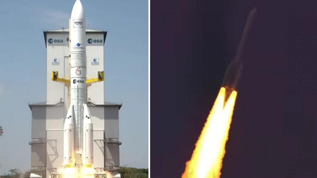 imagini de la lansarea reusita pentru racheta ariane 6 care a transportat in spatiu primii sai sateliti amazon leo