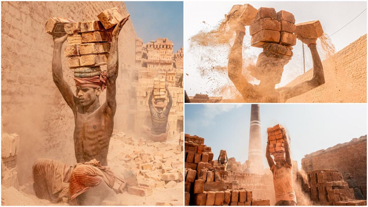 colaj cu muncitori carand caramida