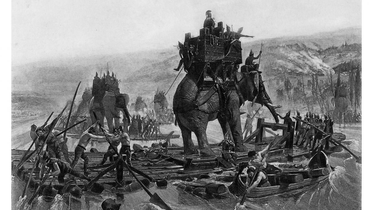 Ilustrație istorică: Hannibal Barca și armata sa de elefanți trecând Ronul