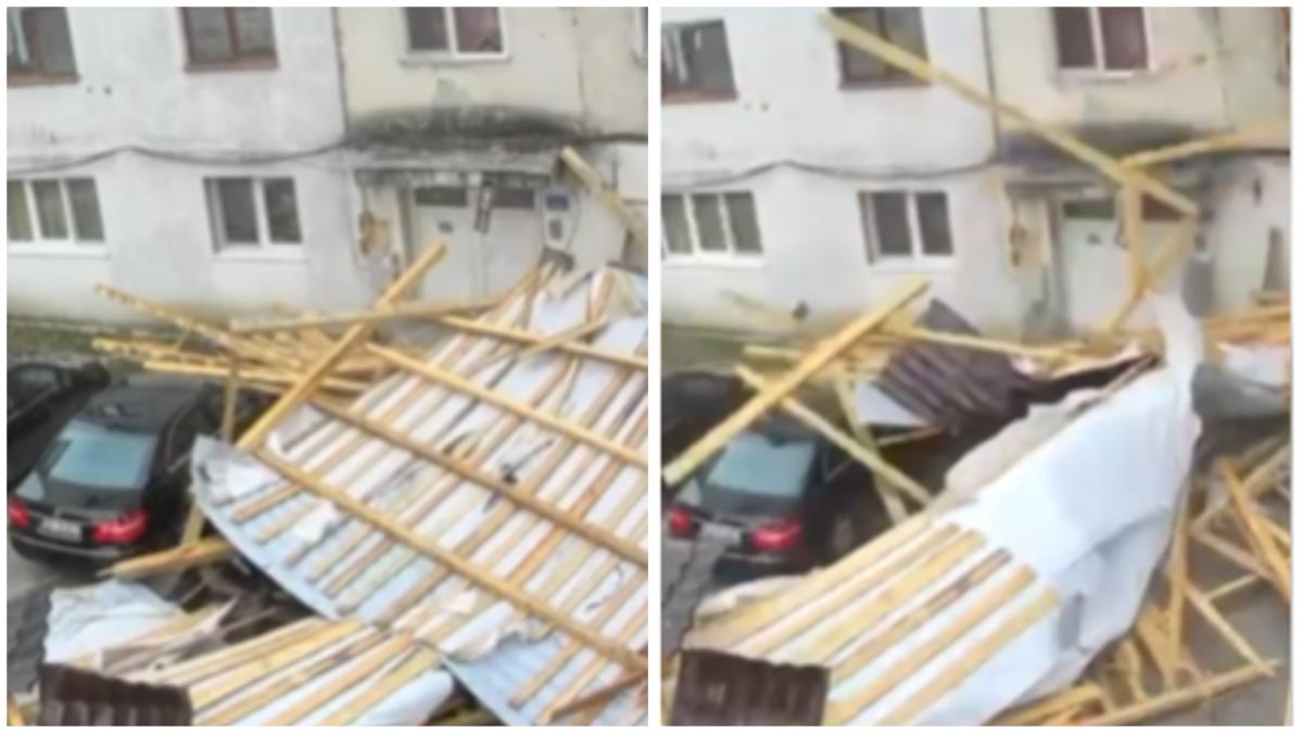clipe dramatice in bistrita unde vantul puternic a smuls cu totul acoperisul unui bloc si l a aruncat peste masinile din parcare