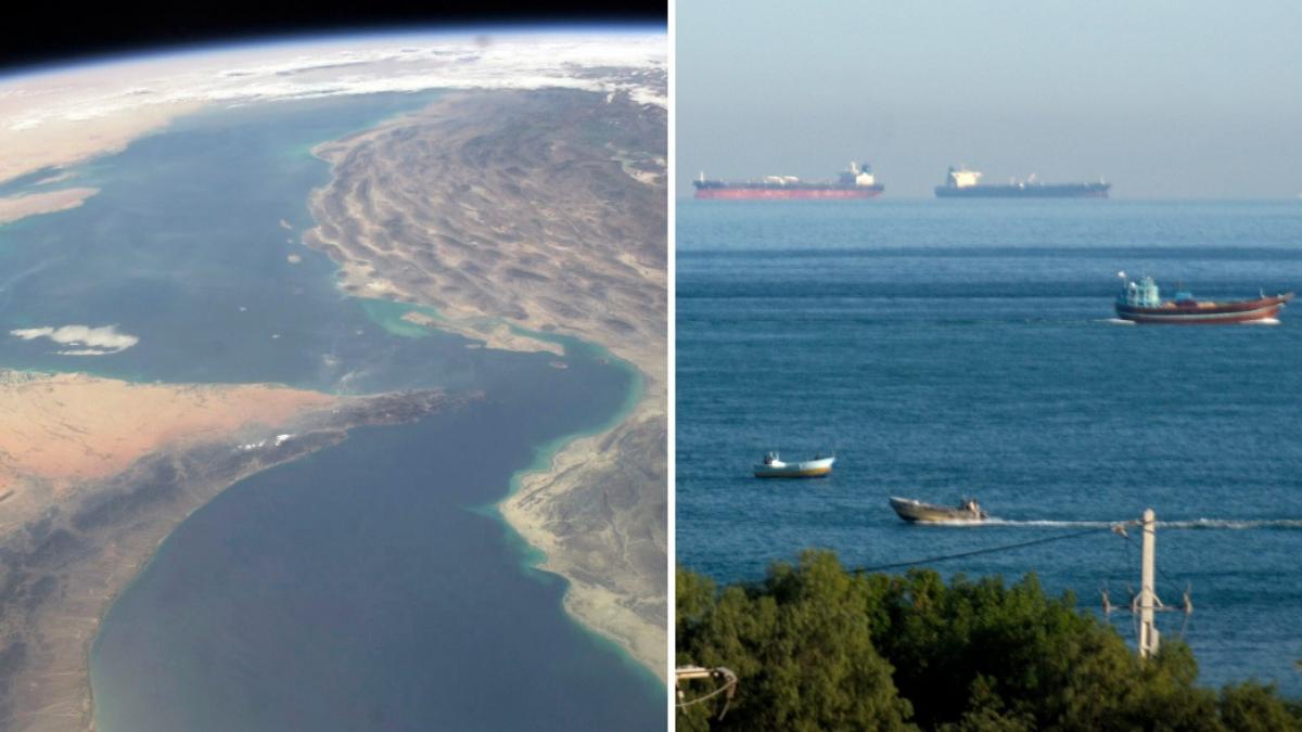 colaj 2 poze in care apare Strâmtoarea Hormuz, dar şi câteva nave care traversează pe acolo