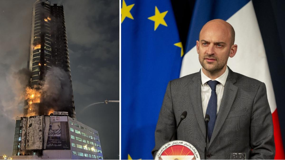 colaj in care apare o cladire din Bahrain, lovita de Iran si Jean-Noel Barrot, ministrul de Externe al Franţei