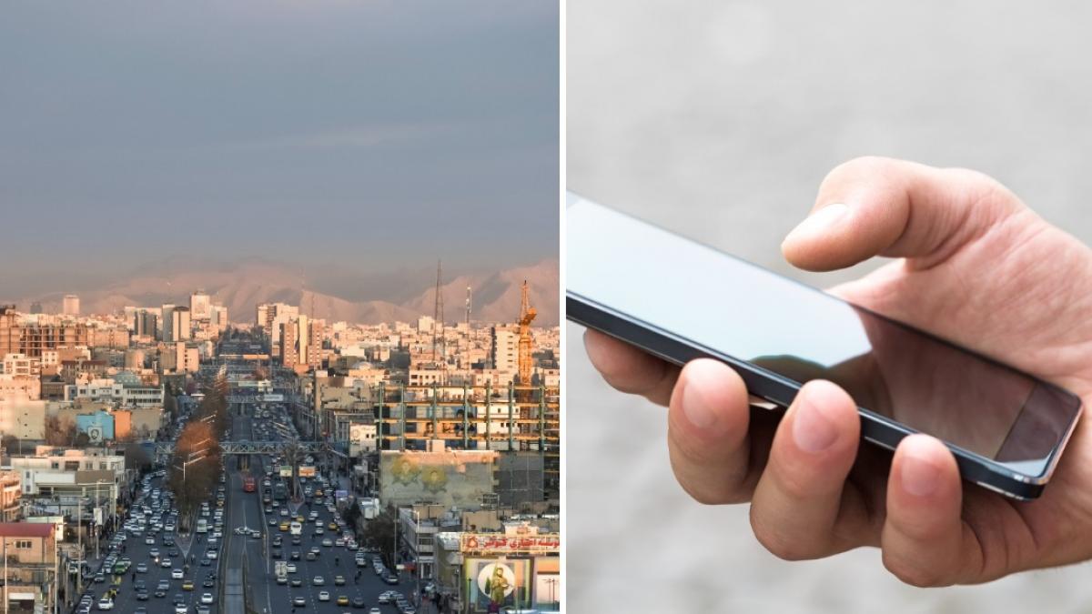 colaj 2 poze in care apar Turnul Azadi, situat în Teheran, Iran şi mâna dreaptă a unui bărbat care ţine în mână un telefon
