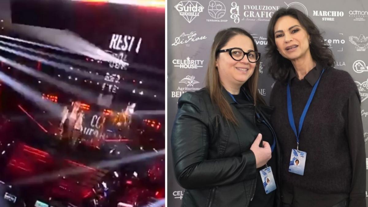 colaj 2 poze in care apar artisti pe scena de la Festivalul Sanremo, dar si Laura Stroe Abibula, director general Centrul Cultural Judetean 