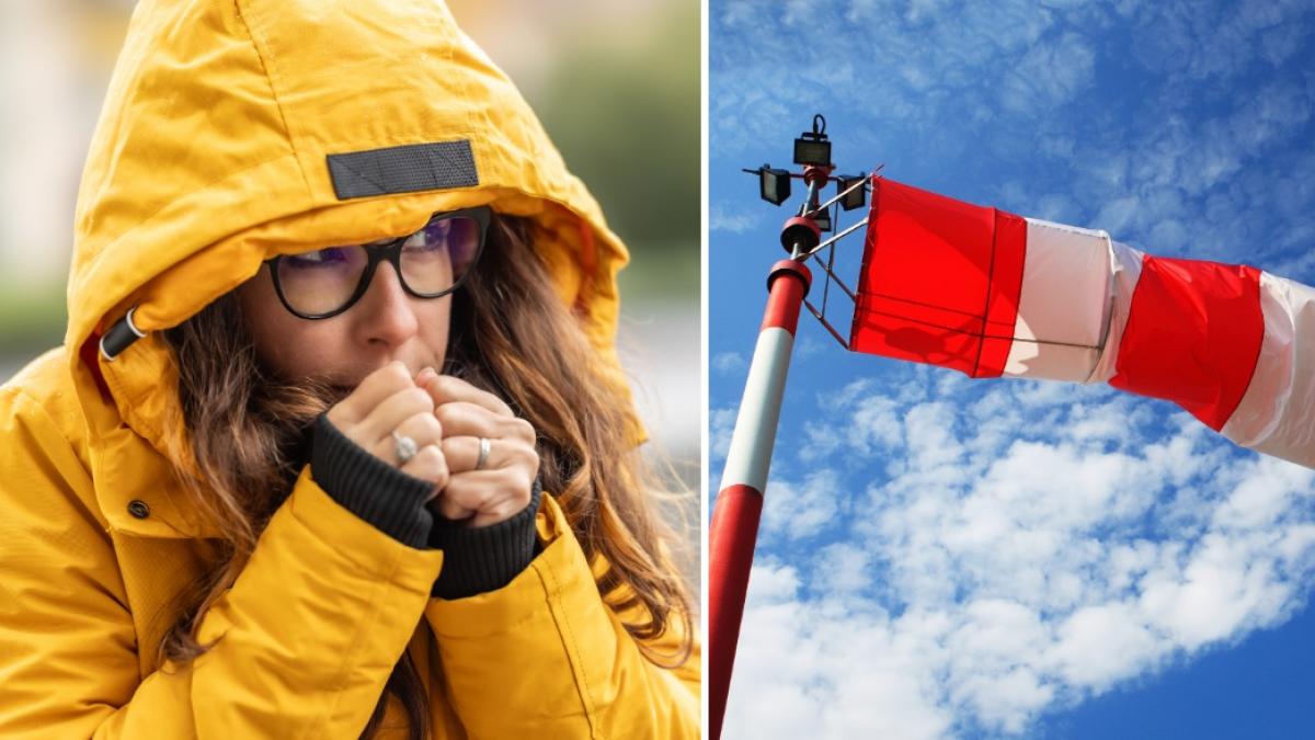 colaj 2 poze in care apare o femeie inghetata din cauza vantului puternic si un dispozitiv pentru vant