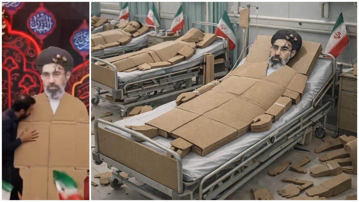 colaj imagini teheran cu o copie de carton al lui mojtaba khamenei si o meme in care e ironizat 
