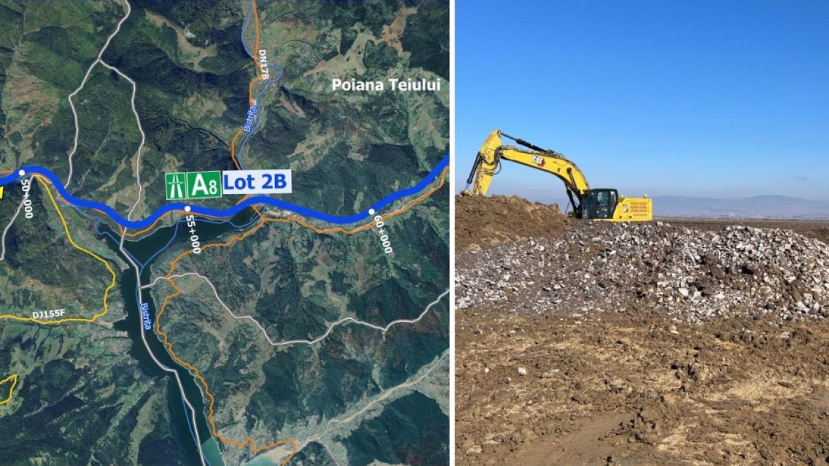 colaj 2 poze in care apare un tronson al Autostrăzii A8 si lucrări care se fac pe santier