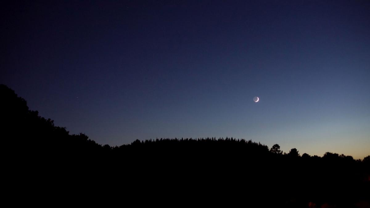 luna foarte mica deasupra unei paduri