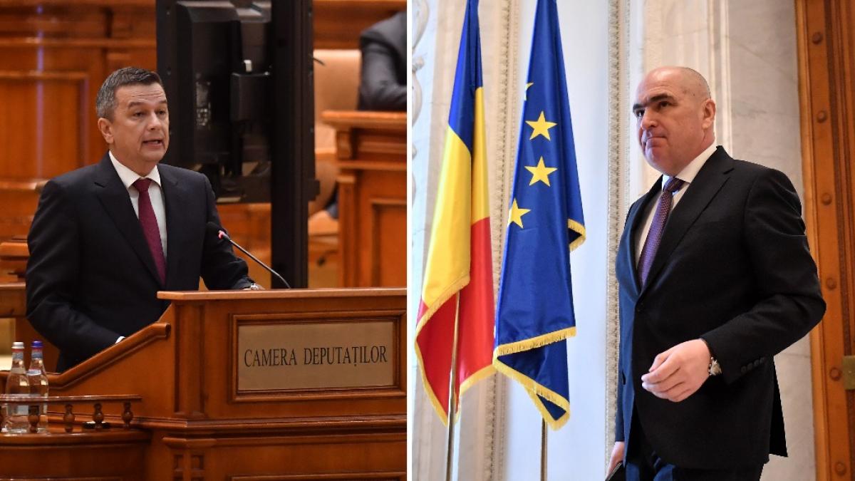 colaj 2 poze in care apar Sorin Grindeanu, preşedintele PSD, şi Ilie Bolojan, premierul României.
