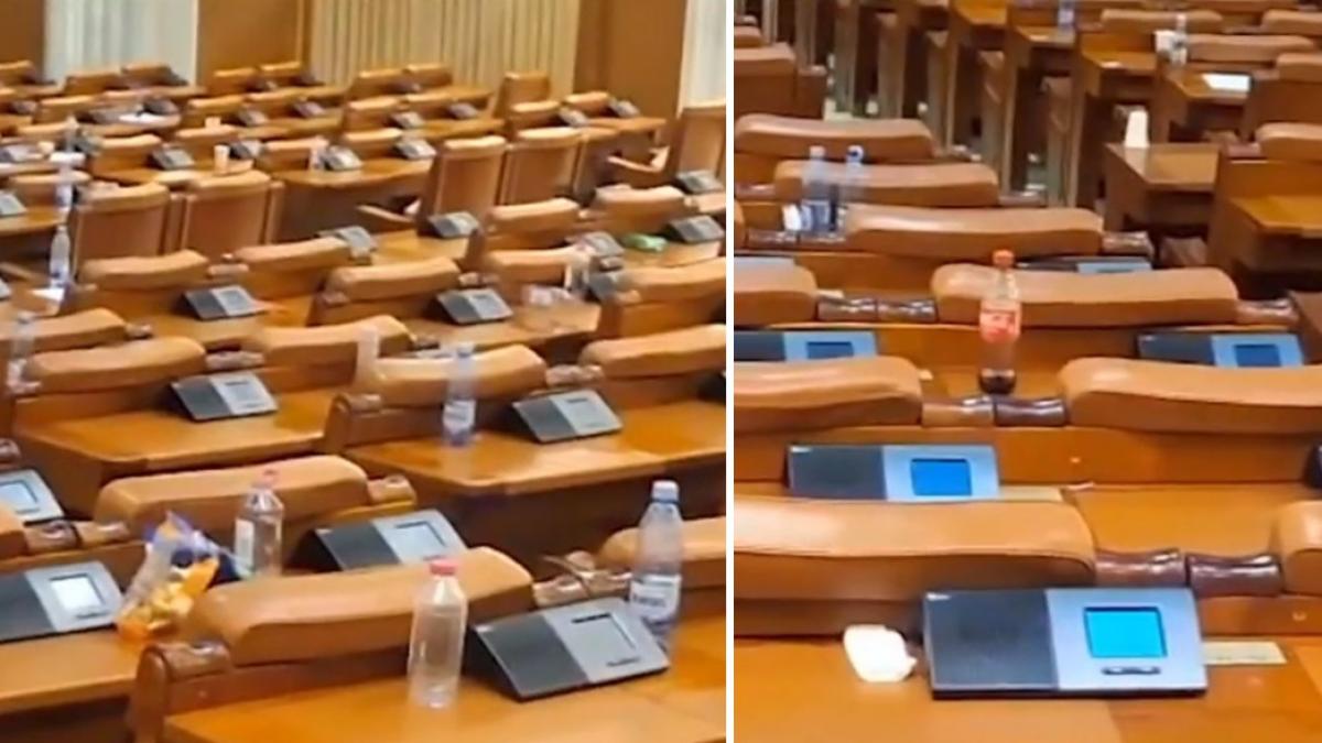 parlamentarii au lasat sala de plen plina de gunoaie dupa dezbaterile pe buget cutii de pizza pungi doze si sticle goale