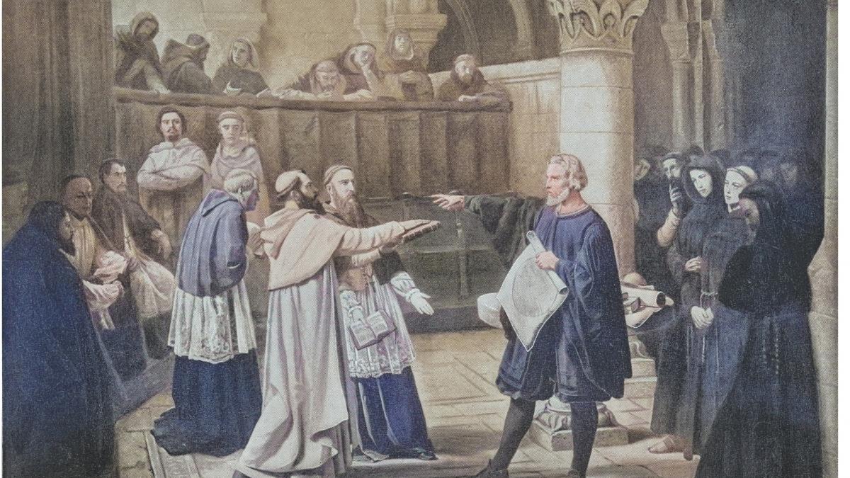 reproducere a scenei in care Galileo Galilei este acuzat de Inchizitie