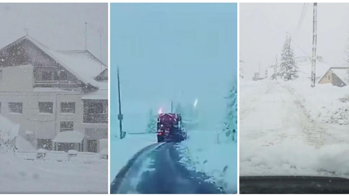 colaj 3 poze cu multa zapada cu un drum acoperit de ninsoarea abundenta care a cazut noaptea trecuta in unele zone din Romania 