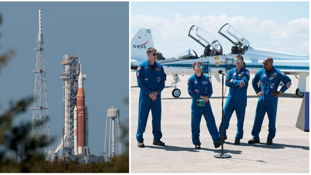 colaj 2 poze in care apare si echipajul Artemis II – (de stânga la dreapta): Jeremy Hansen, Christina Koch, Reid Wiseman și Victor Glover