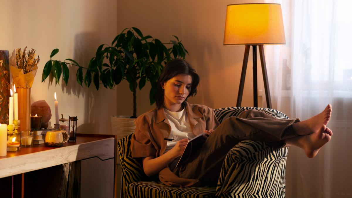 femeie stand pe scaun  scriind intr-un caiet