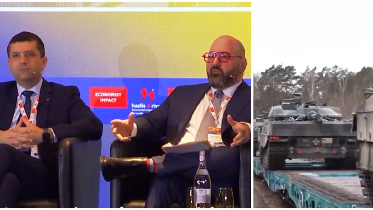 colaj 2 poze in care apar Radu Miruţă, ministrul Apărării Naţionale, şi Alessio Menegazzo, chief executive furnizor energie, dar si două tancuri